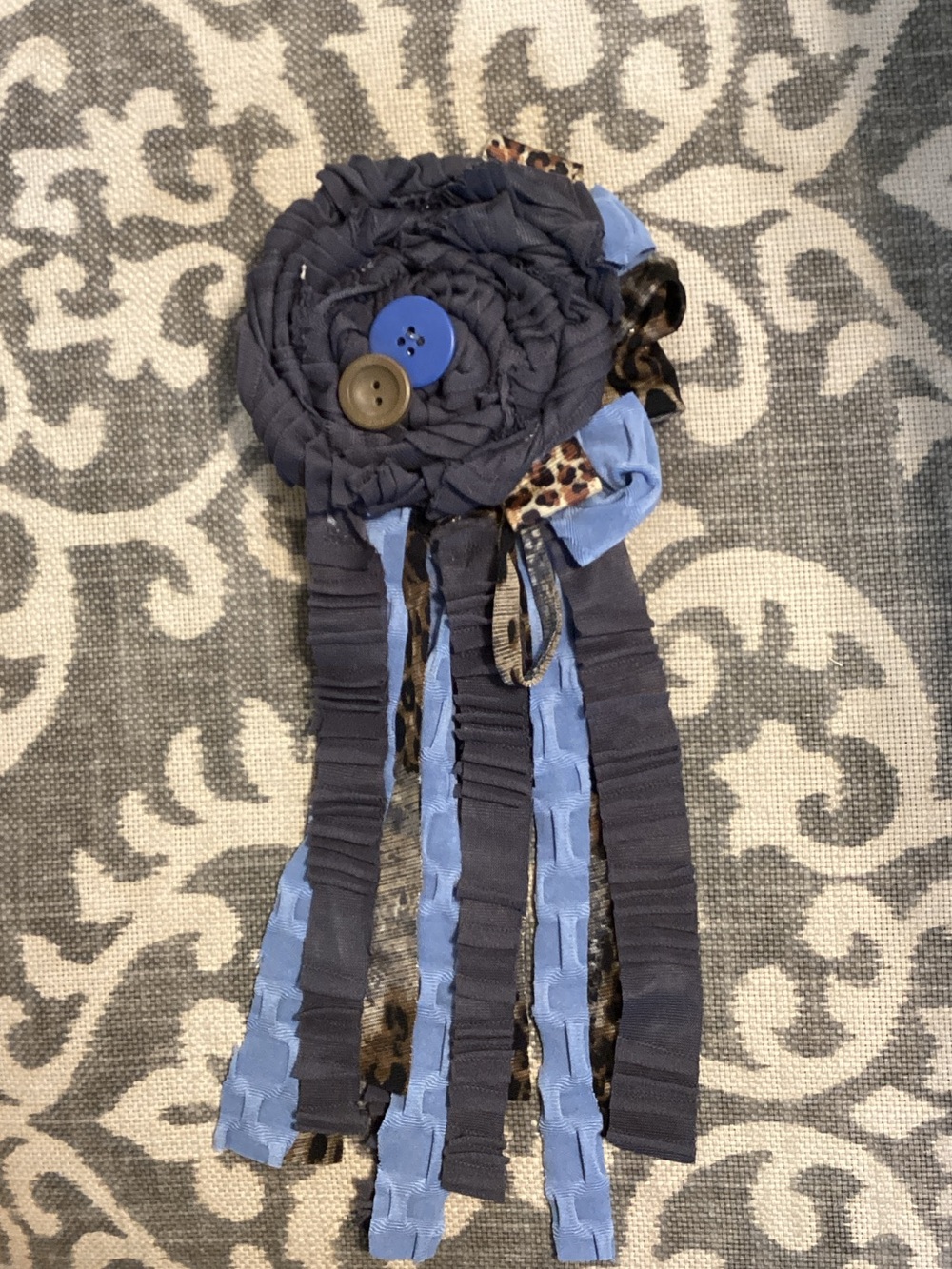 Gray, Light Blue, and leopard fabric flower pin 💙🩶🤎
